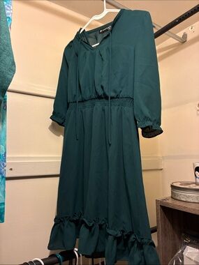 Allegra K Dark Green Smocked-Waist Midi Dress with Ruffle Trim